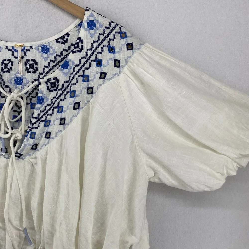 FREE PEOPLE Joni Top L Boho Embroidered Shirred Puff Sleeve Cropped White Blue